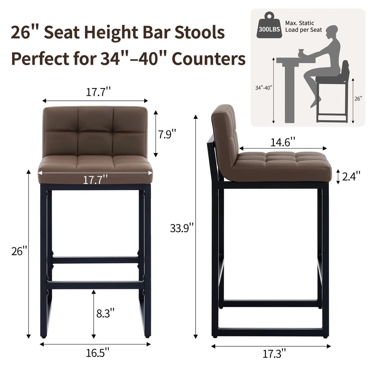 FIRAVOE Bar Stools Set of 3, Counter Height Bar Stools (Low Back)(Thickened Frame) 26" PU Leather Barstools Bar Chairs for Kitchen Island, Black