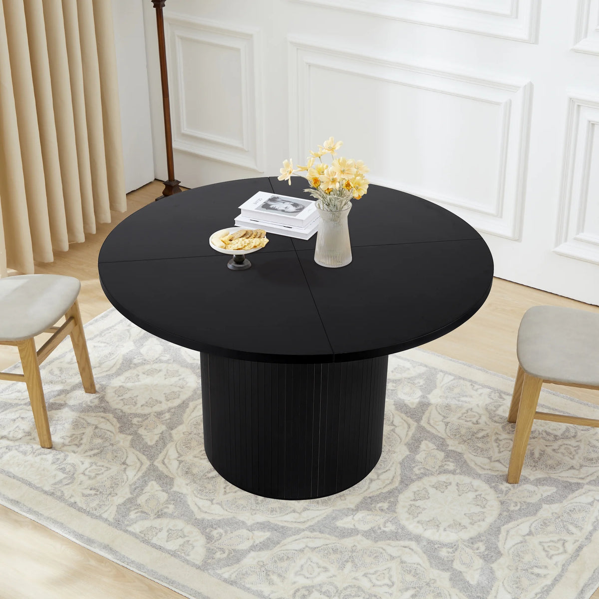 Wirrytor Round Dining Table, Modern Farmhouse Kitchen Table, 47 Inch Coffee Circle Dining Tables with Wood Strip Base for Kitchen Living Room, Black