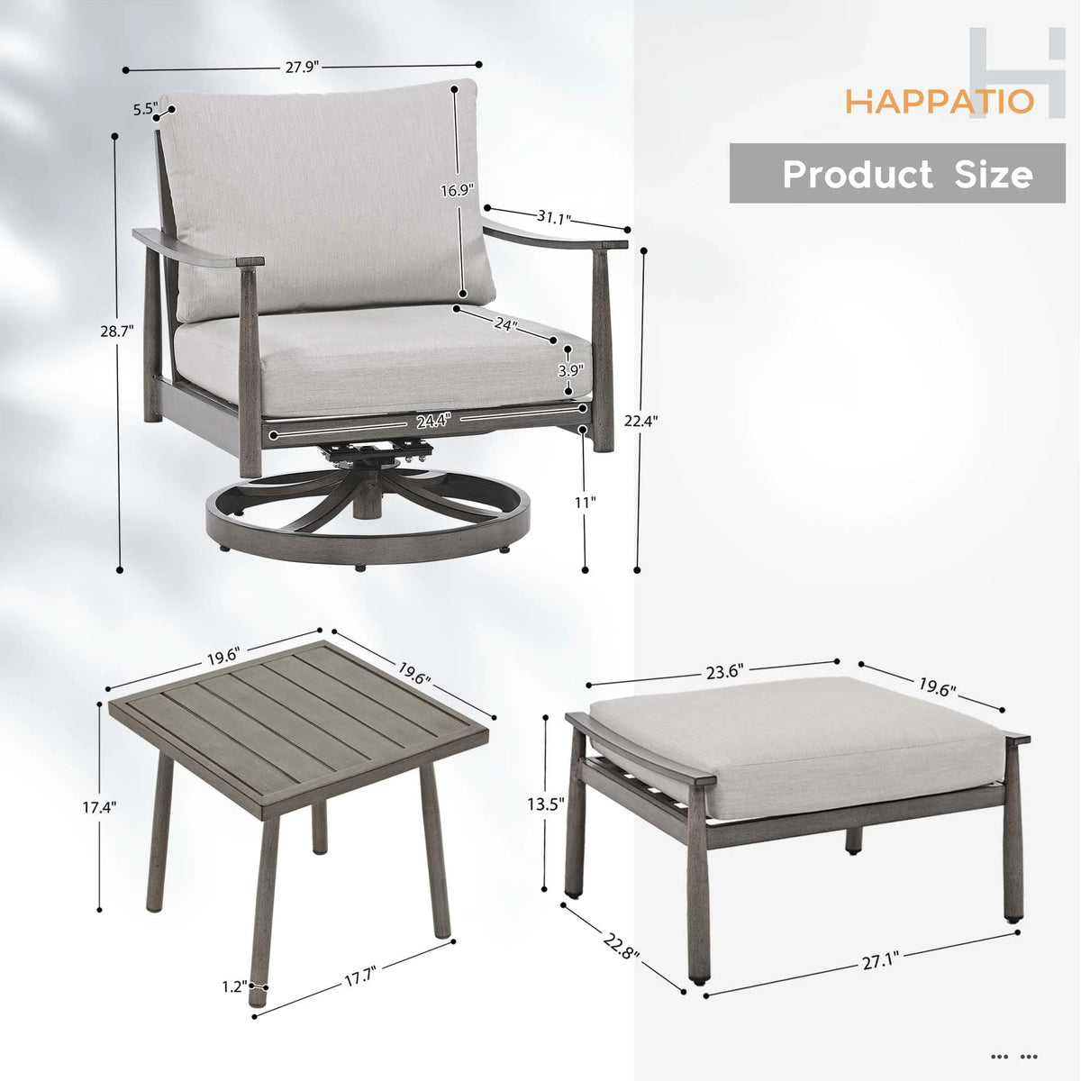 HAPPATIO Aluminum Outdoor Furniture Set - 5 Pieces Patio Furniture Set Includes 1 Side Table, 2 Swivel Chairs and 2 Ottomans with Thick Cushion, Patio Conversation Set for Backyard Poolside (Grey)