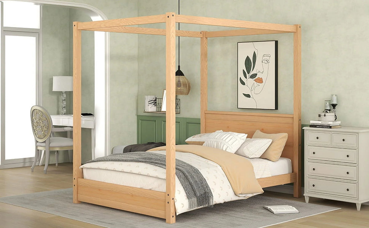 Modern Full Size Canopy Platform Bed with Headboard and Support Legs,Natural