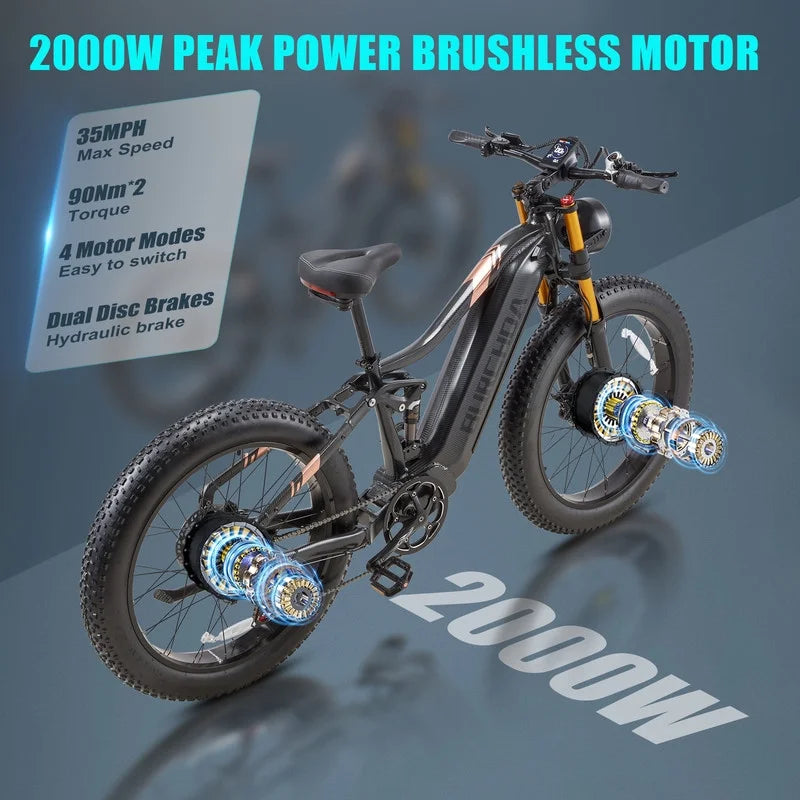 Dual Motors AWD 2000W Electric Bike for Adult 26'', UL2849 48V 30AH Removable Battery E-mountain bike 4.0 Fat Tire up to 35MPH&120Miles Long Range Off-road Ebike Beach Dual Hydraulic&Brakes E-Bicycle