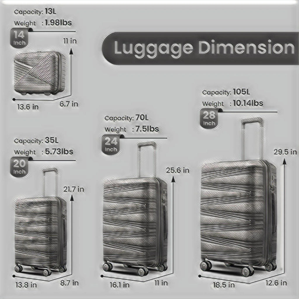4 Piece Luggage Set Expandable Hardshell Travel Luggage Sets 8 Spinner Wheel Suitcase Wheels TSA Lock Suit Case, PP Lightweight & Durable wheels Upright Suitcase, 14/20/24/28 Inch