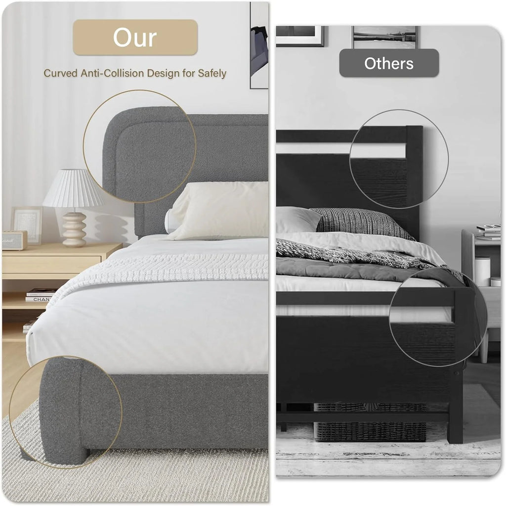 4 EVER WINNER Twin Size Bed Frame, Modern Bed Frame with Headboard, Boucle Fabric Upholstered Bed Frame, Soft Curved Headboard, Cream