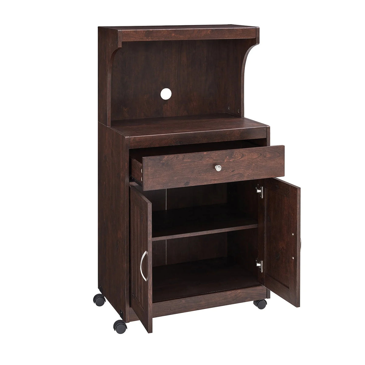 Home Source Mahogany Microwave Cart with Double Door Cabinet, 1 Drawer, and Top Shelf
