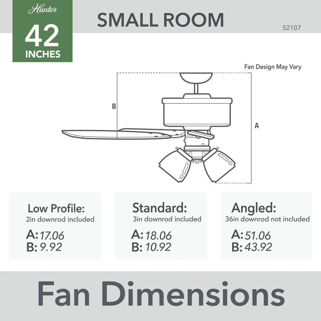 Hunter - Builder Indoor Ceiling Fan With Light, 42-inch, Snow White, Traditional-style, 3-speed WhisperWind Motor, 52105, for living rooms, bedrooms, home offices, kitchens