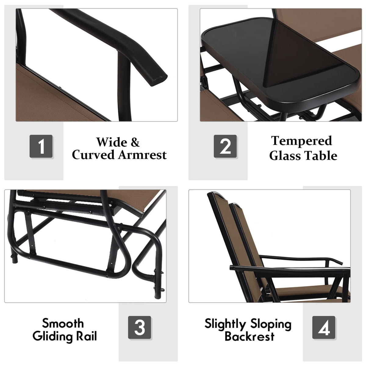 Gymax Patio 2-Person Glider Rocking Char Loveseat Garden w/ Tempered Glass Table Brown