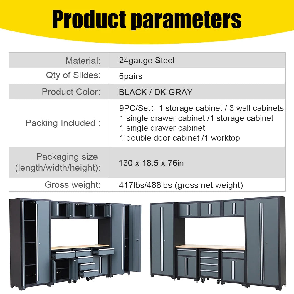 HPDMC Garage Storage Cabinet System 9-Pcs Workshop Set Metal Garage Cabinets and Storage System with Steel Cabinet Drawers, Rolling Chest, Workbench, Pegboard for Garage Tool Organization