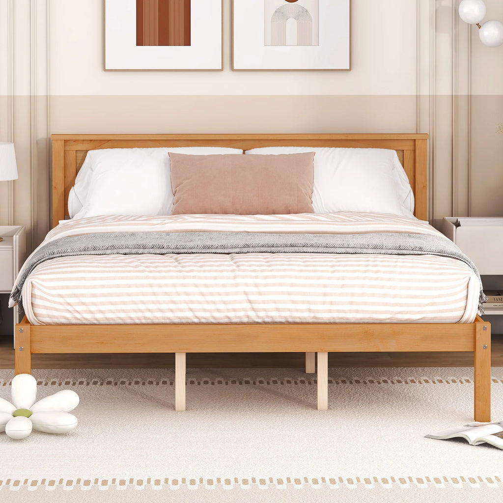 Euroco Twin Platform Bed, Modern Wood Frame Bed with Headboard and Slats for Kids Room, Oak