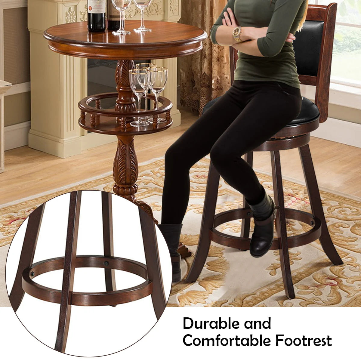 Costway Set of 2 24'' Swivel Counter Stool Wooden Dining Chair Upholstered Seat Espresso Panel back