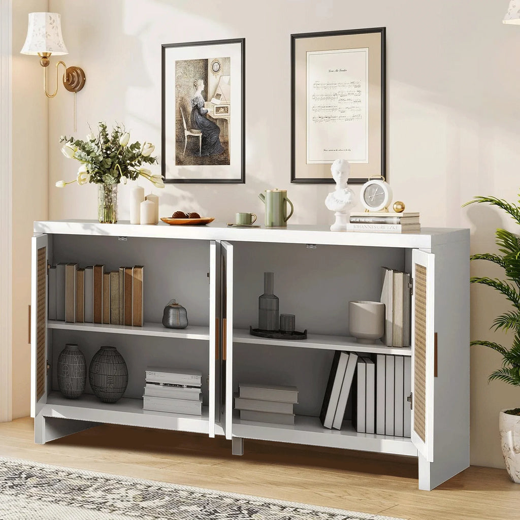 Modern Rattan Sideboard Buffet Cabinet, Kitchen Storage Cabinet, Living Room TV Stand for TVs up to 65", Entertainment Center with Adjustable Shelf, for Dining Living Room Hallway, White
