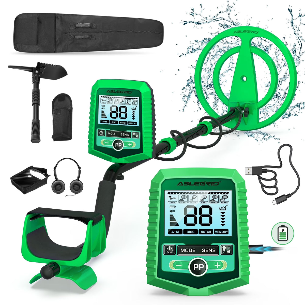 ABLEGRID Metal Detector for Adults and Kids Rechargeable, Professional Gold and Silver Detector with LCD Display, High Accuracy Waterproof Pinpoint 5 Modes, Advanced DSP Chip 10" Coil, GC1030
