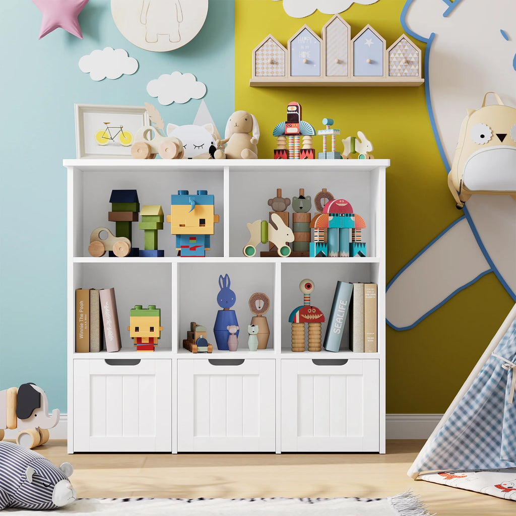 Homfa Toy Storage Organizer with 3 Movable Drawers, 5 Cube Kids Bookcase for Playroom, Storage Cabinet for Living Room, White Finish