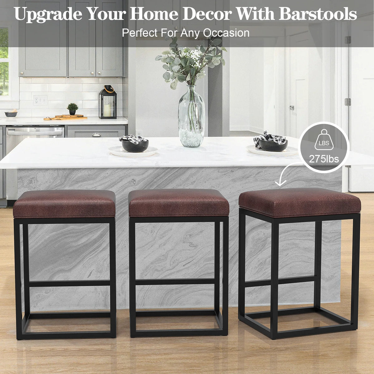 Nathaniel Home 24 Inch Bar Stools Set of 2, Modern PU Leather Metal Barstool, Backless Kitchen Dining Cafe Stool, Upholstered Bar Stool with Footrest, Gray
