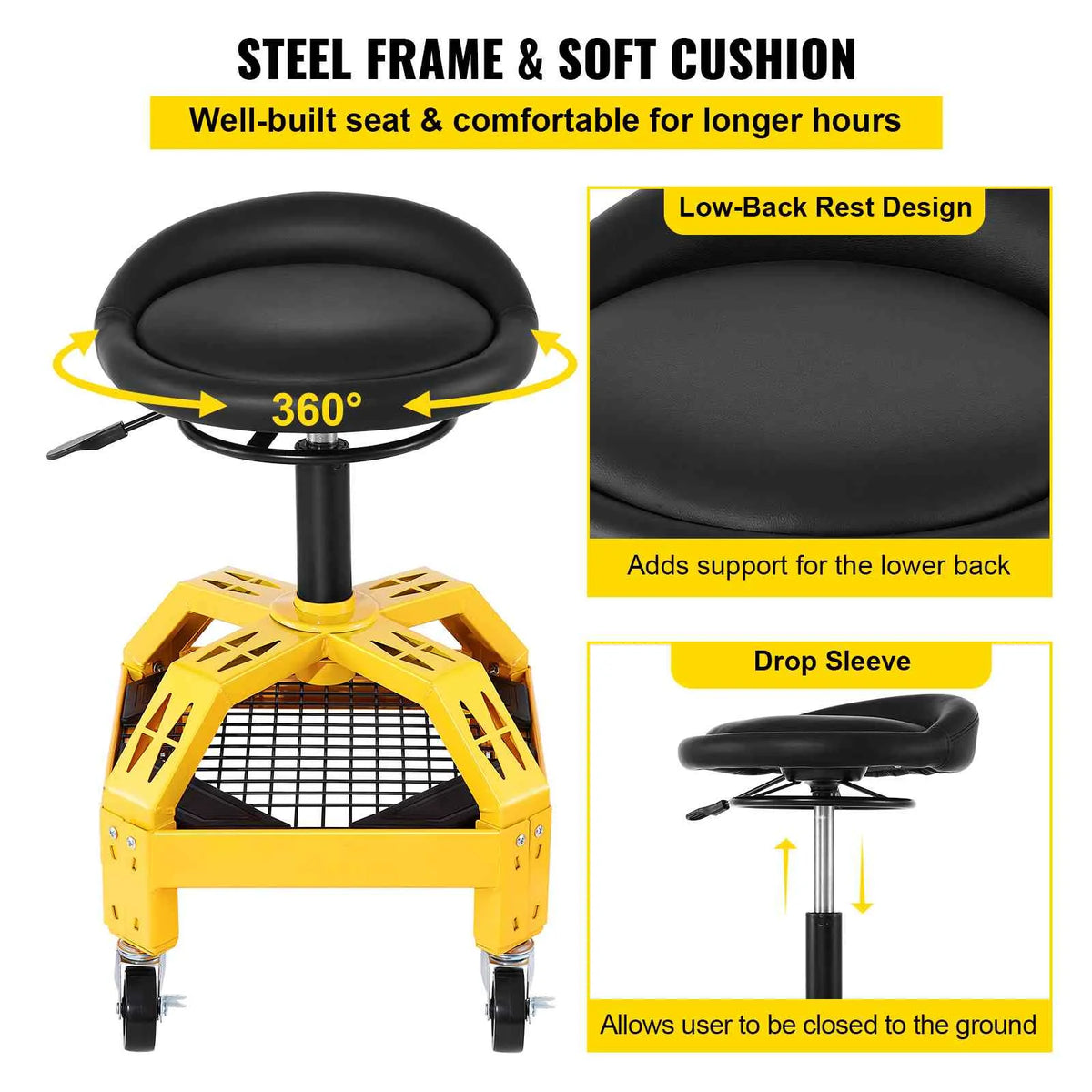 BENTISM Rolling Garage Stool, 300lbs Capacity, Adjustable Height from 24 in to 28.7 in, Mechanic Seat with 360-degree Swivel Wheels and Tool Tray, for Workshop, Auto Repair Shop, Yellow
