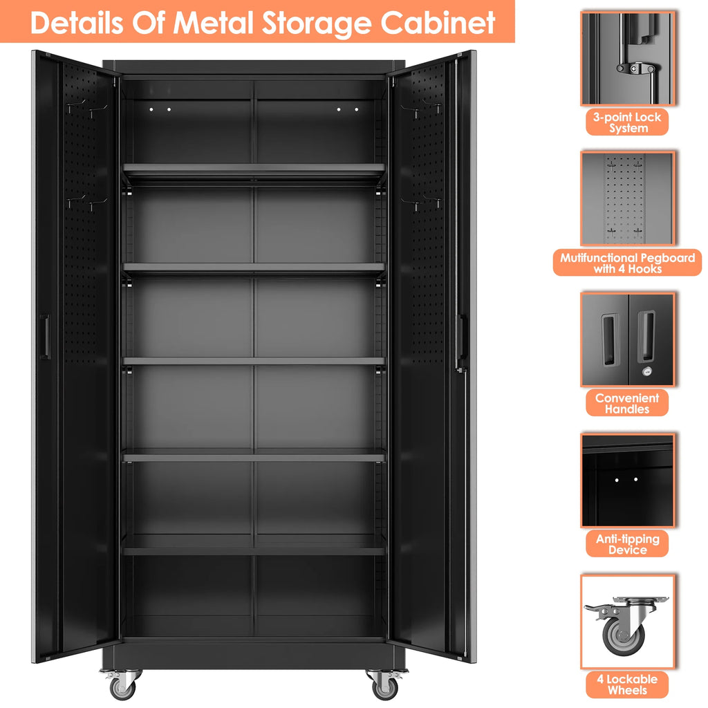 Supeer Locking Storage Cabinet with 5 Adjustable Shelves, Steel, Black, 71" H, Assemble Required