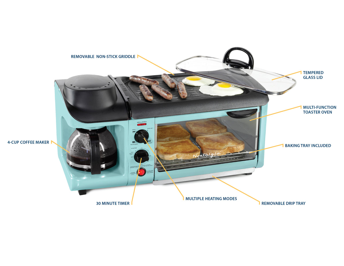 BST3AQ Retro 3-in-1 Family Size Electric Breakfast Station, Coffeemaker, Griddle, Toaster Oven - Aqua
