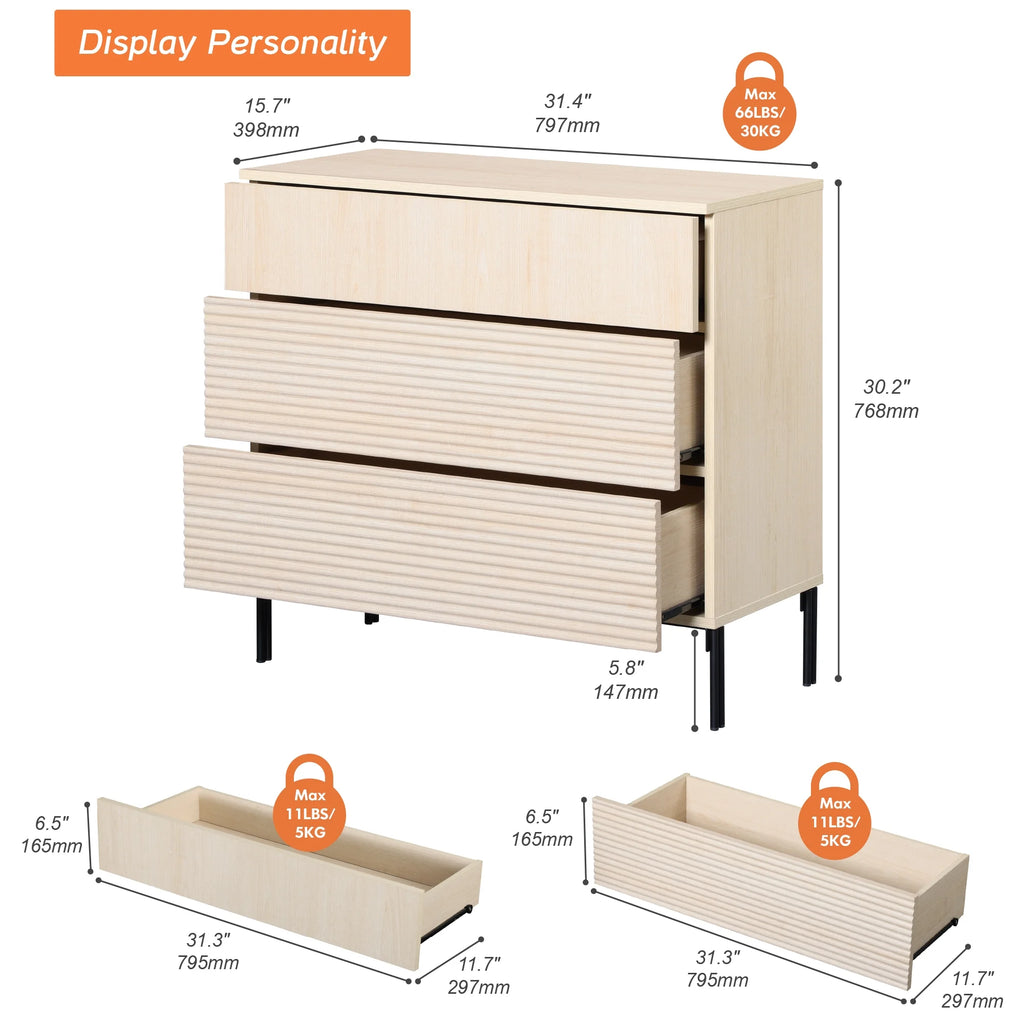 Modern Minimalist Wood Nightstand with 3 Drawers ,31.5" Large End Table,Reeded Design Bedside Table for Bedroom, Living Room,Entryway
