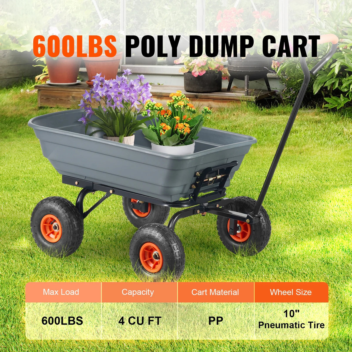 KFFKFF Garden Dump Cart, 35.8x19.5x8.2 in Dump Truck Cart, Max. 600lbs Load Capacity, 10in Rubber Tire, 180�� Adjustable Handle