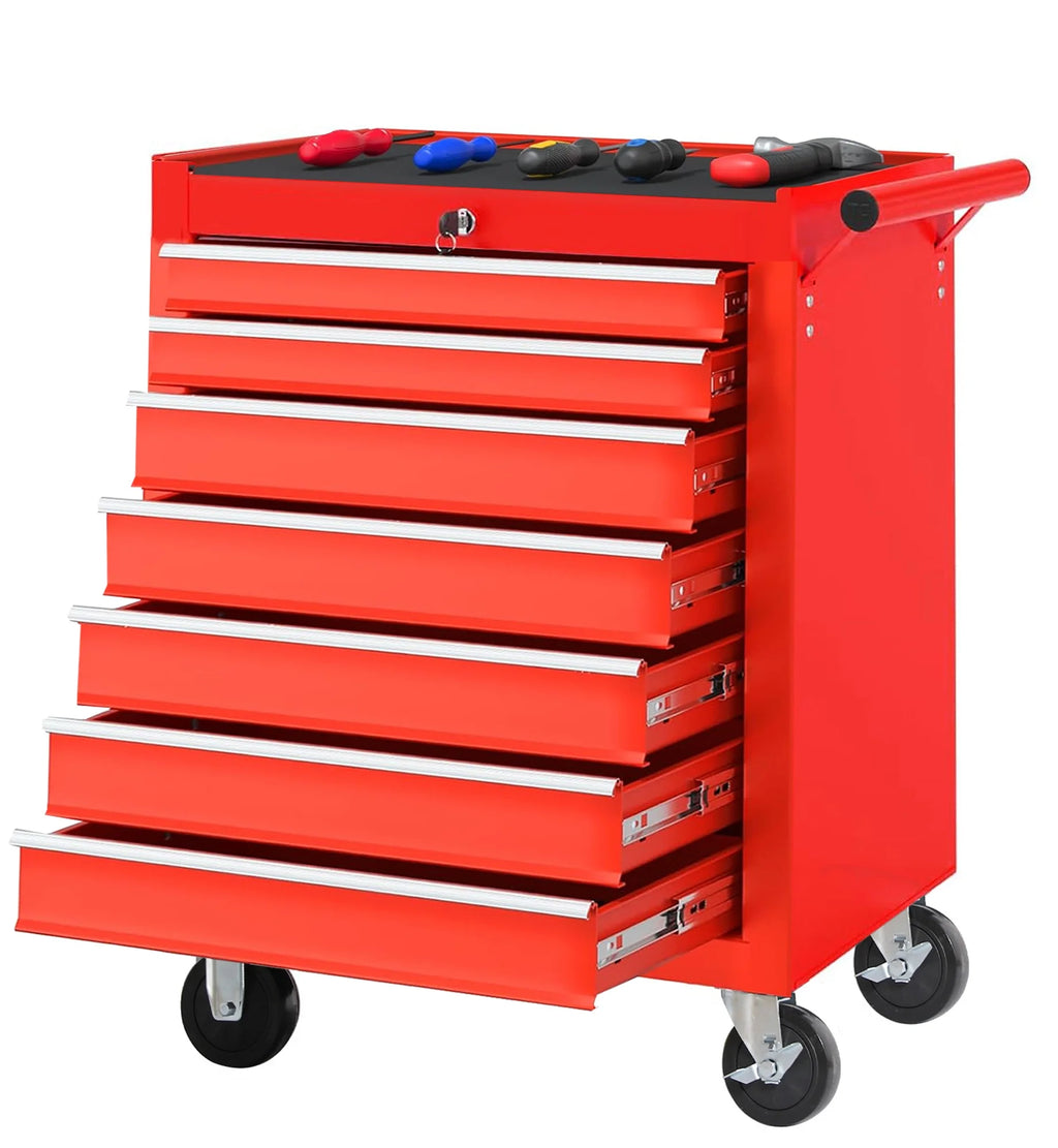 Seizeen Rolling Tool Chest on Wheels, Metal Tool Cart Toolbox Storage Cabinet Organizer W/ 7 Drawers, Red