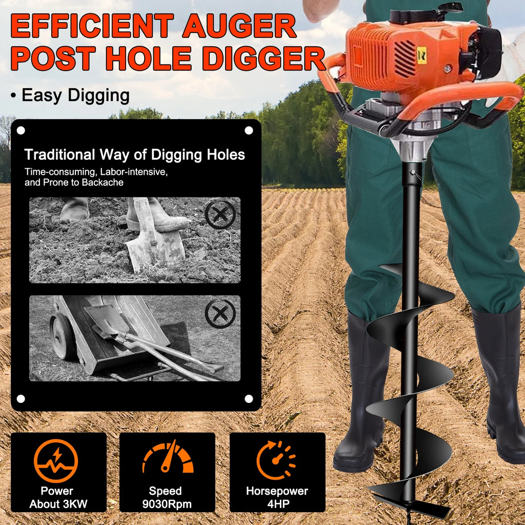 PRIJESSE Gas Powered Earth Digger Post Hole Digger with 3 Extension Rods + 3 Auger Drill Bits