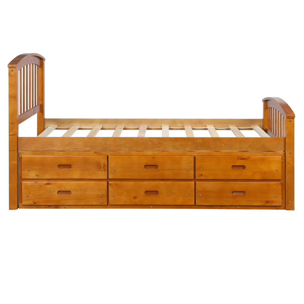 Twin Size Platform Bed with 6 Storage Drawers, Solid Wood Platform Bed Frame with Headboard and Footboard, Heavy Duty Daybed Captain’s Bed for Boys Girls Wood Slats Support, No Box Spring Need, Oak