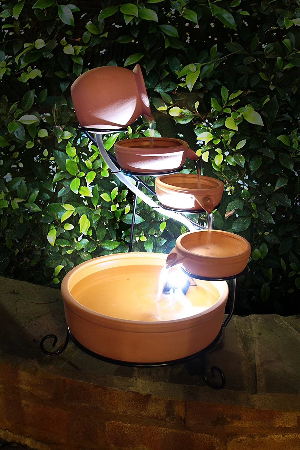 ASC Sundance Terracotta Solar Water Fountain Cascade w/ Battery/Timer LED Lights