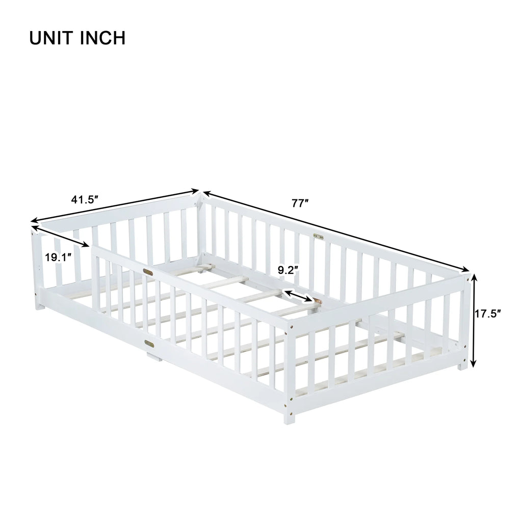 Miniyam Wooden Twin Size Floor Bed with Safety Fence for Kids, Natural