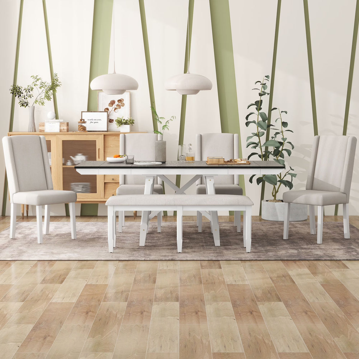 6 Piece Extendable Dining Table Set, Atumon Wood Dining Room Set for 6, Dining Table Set with 4 Beige Cushioned Chairs and Bench, Farmhouse Dining Table Set Furniture for Kitchen Dining Room, Natural
