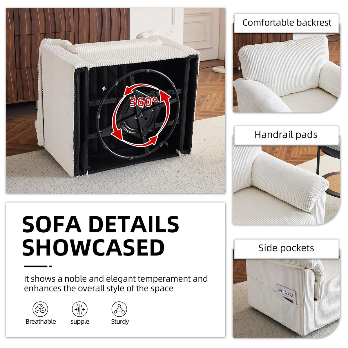 FFH 33" Oversized Swivel Accent Chair,Armchair with Side Pocket,Upholstered Corduroy Lounge Chaise Chair,Barrel Chairs,Comfy Single Sofa Chair for Living Room Reading Bedroom Office,Black