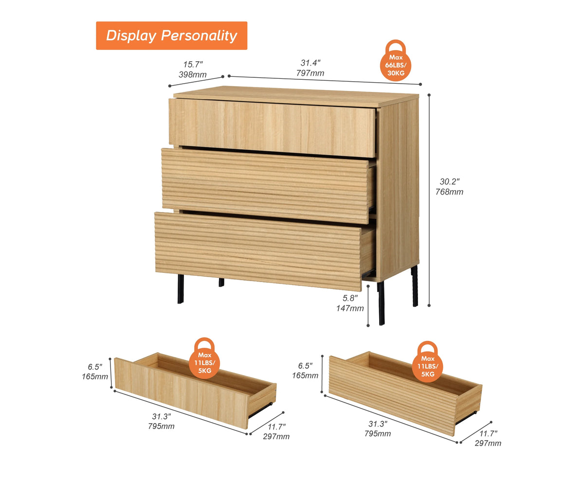Modern Minimalist Wood Nightstand with 3 Drawers ,31.5" Large End Table,Reeded Design Bedside Table for Bedroom, Living Room,Entryway