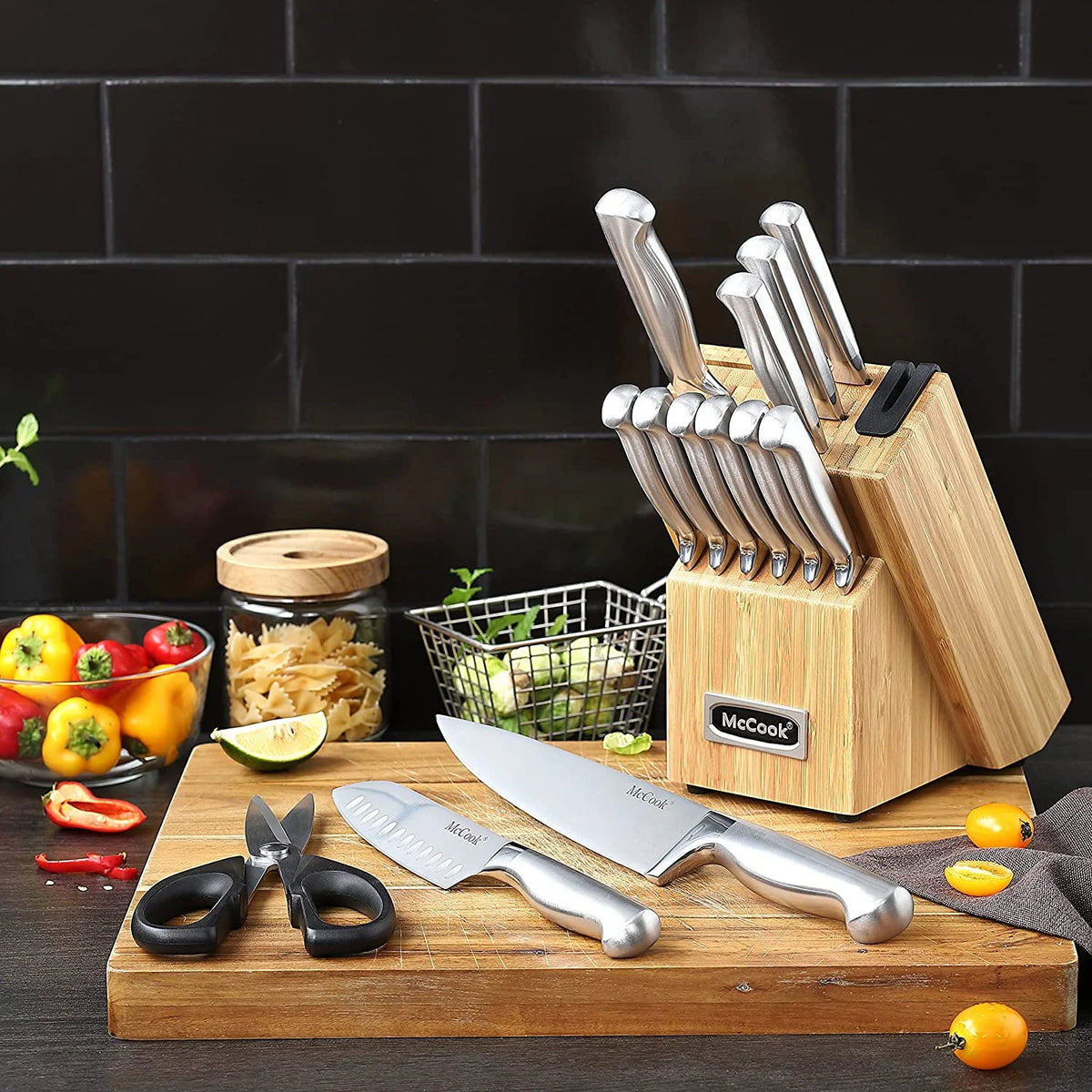 McCook MC29 Knife Sets, 15 Pieces German Stainless Steel Kitchen Knife Block Sets with Built-in Sharpener