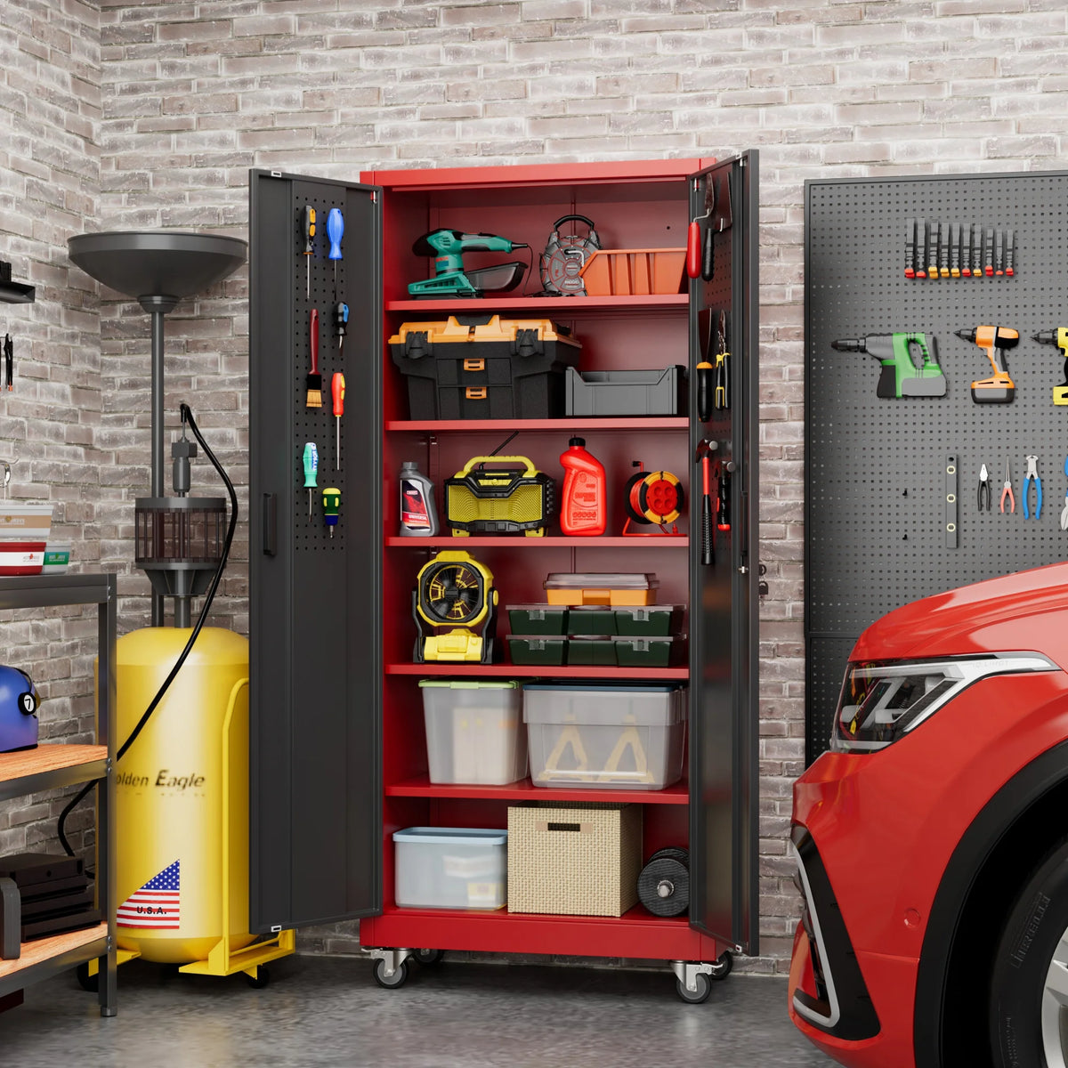 GangMei 71 inches Tall Metal Rolling Garage Storage Cabinets with Locking Doors and 5 Adjustable Shelves, Metal Storage Cabinet for Garage, Office, Home, Classroom, Assemble Required(Black)