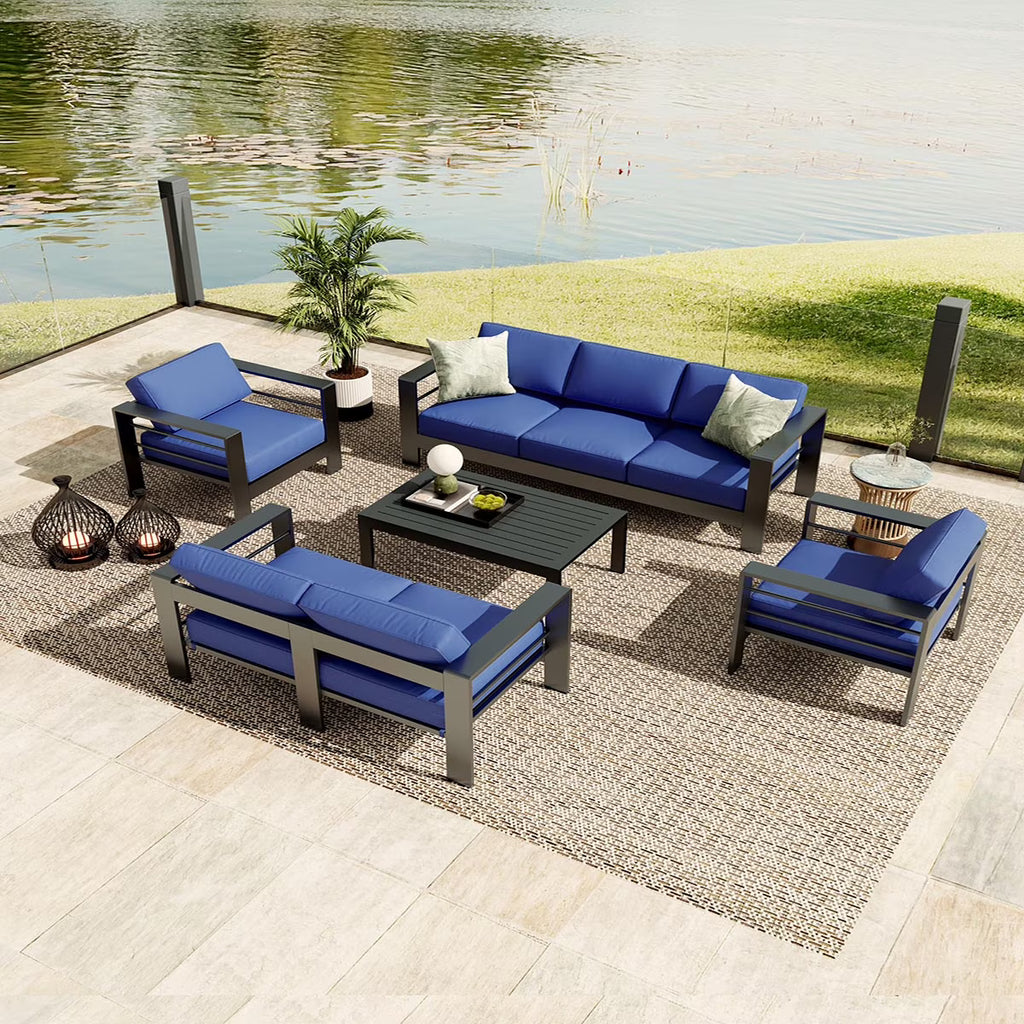 Ataucjin 5 Pieces Aluminum Patio Furniture Set, Outdoor Sectional Conversation Set Sectional Sofa with 4" Armrest & 5" Thick Cushions & Coffee Table��ship in 4 boxes��