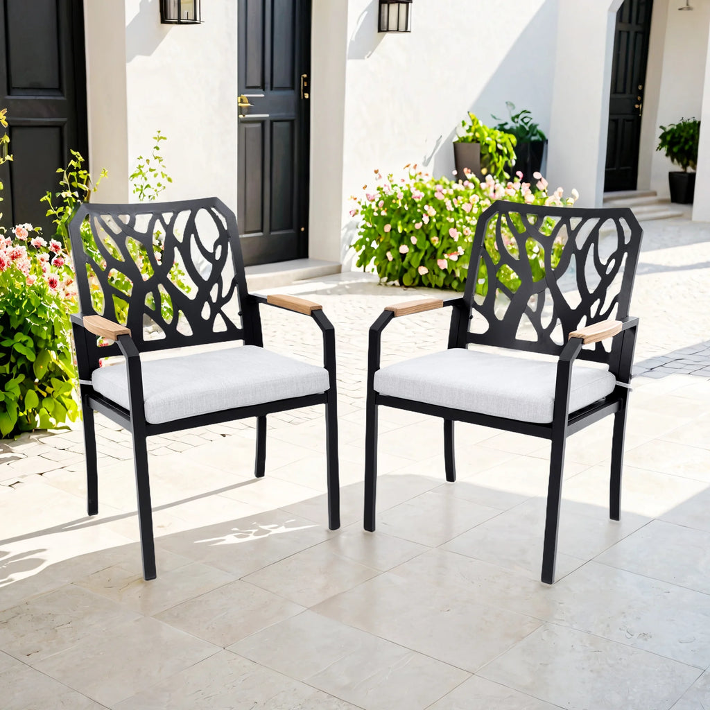 Outdoor Patio K/D Aluminum Stationary Dining Chairs 2PCS with Outdoor-grade Sunbrella Fabric Cushions, Branch-Like Backrest ,FSC-Certified Wood Armrests, Bourbon Brown