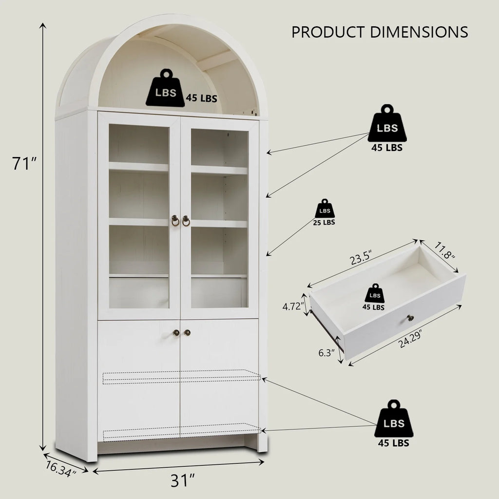 SinCiDo Arched Kitchen Pantry Storage Cabinet, 71-Inch Tall Wood Adjustable Shelves, 2 Doors, 2 Drawers