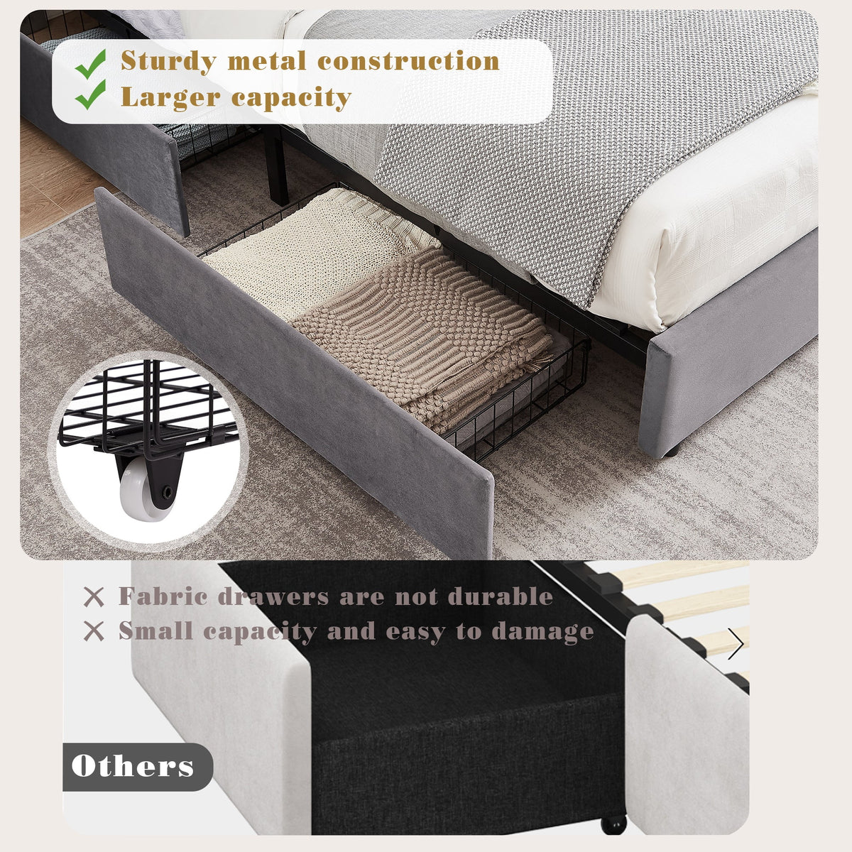 VECELO Full Bed Frame with 4 Storage Drawers (Wheeled) and Tufted Upholstered Adjustable Headboard Platform Bed, Beige