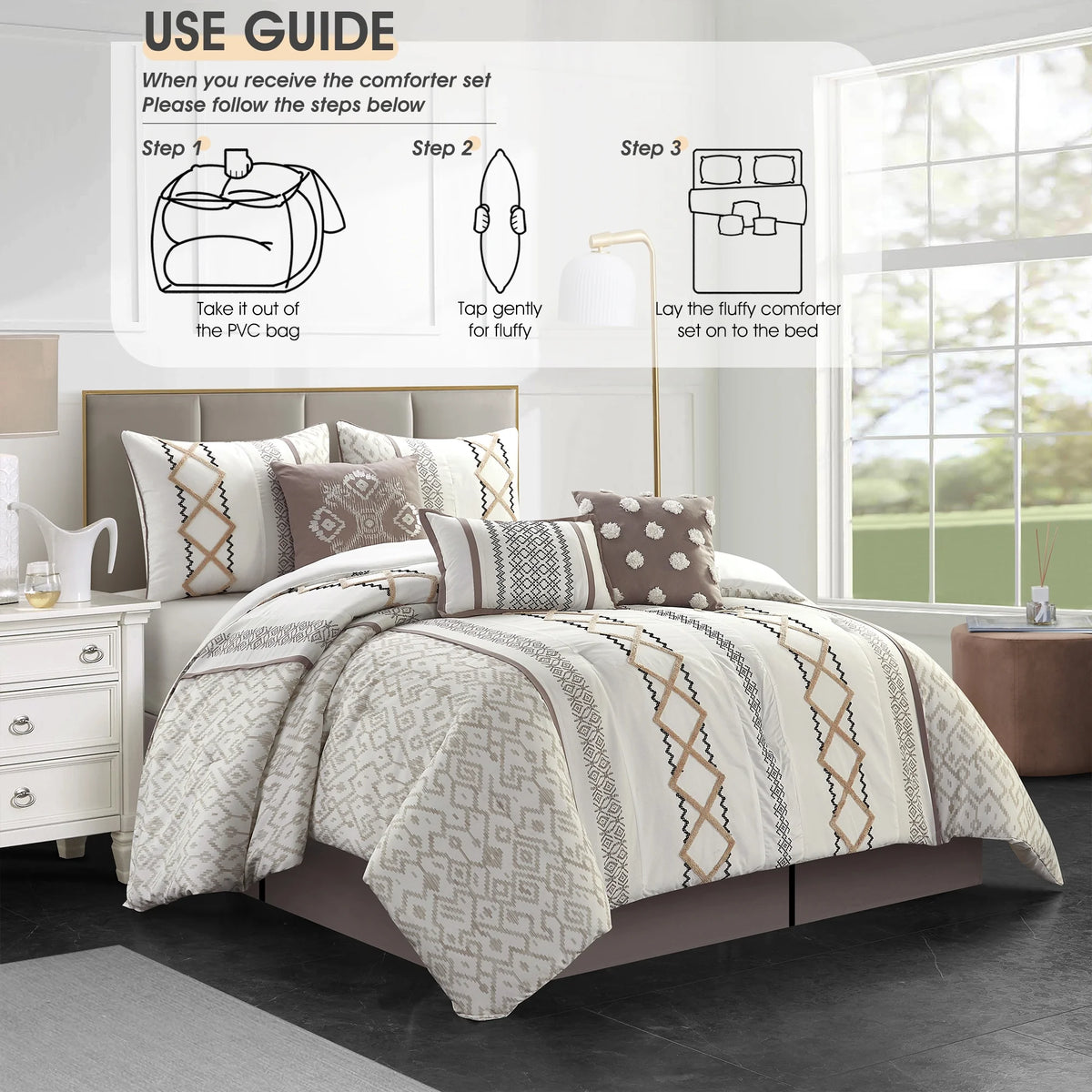 Lanco Luxury 7 Piece Cozy Boho Comforter Set Queen Beige Embroidered Girls Bedding, Premium Microfiber, All Season Home Décor