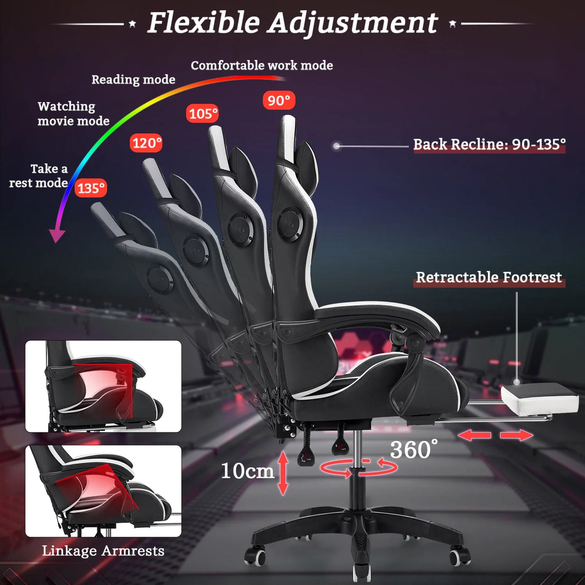 Hoffree Gaming Chair with Bluetooth Speakers and Footrest Massage Office Chair with LED Lights Ergonomic Game Chair High Back with Lumbar Support and Headrest Adjustable Swivel for Adults 300lb