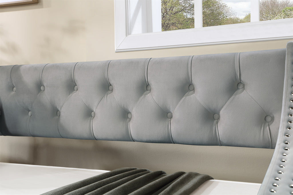 Daybed with Trundle, Twin Size Velvet Upholstered Daybed Frame with Tufted Button Back & Copper Nail on Arms, Wood Sofa Bed Frame for Living Room Bedroom, No Box Spring Needed, Grey