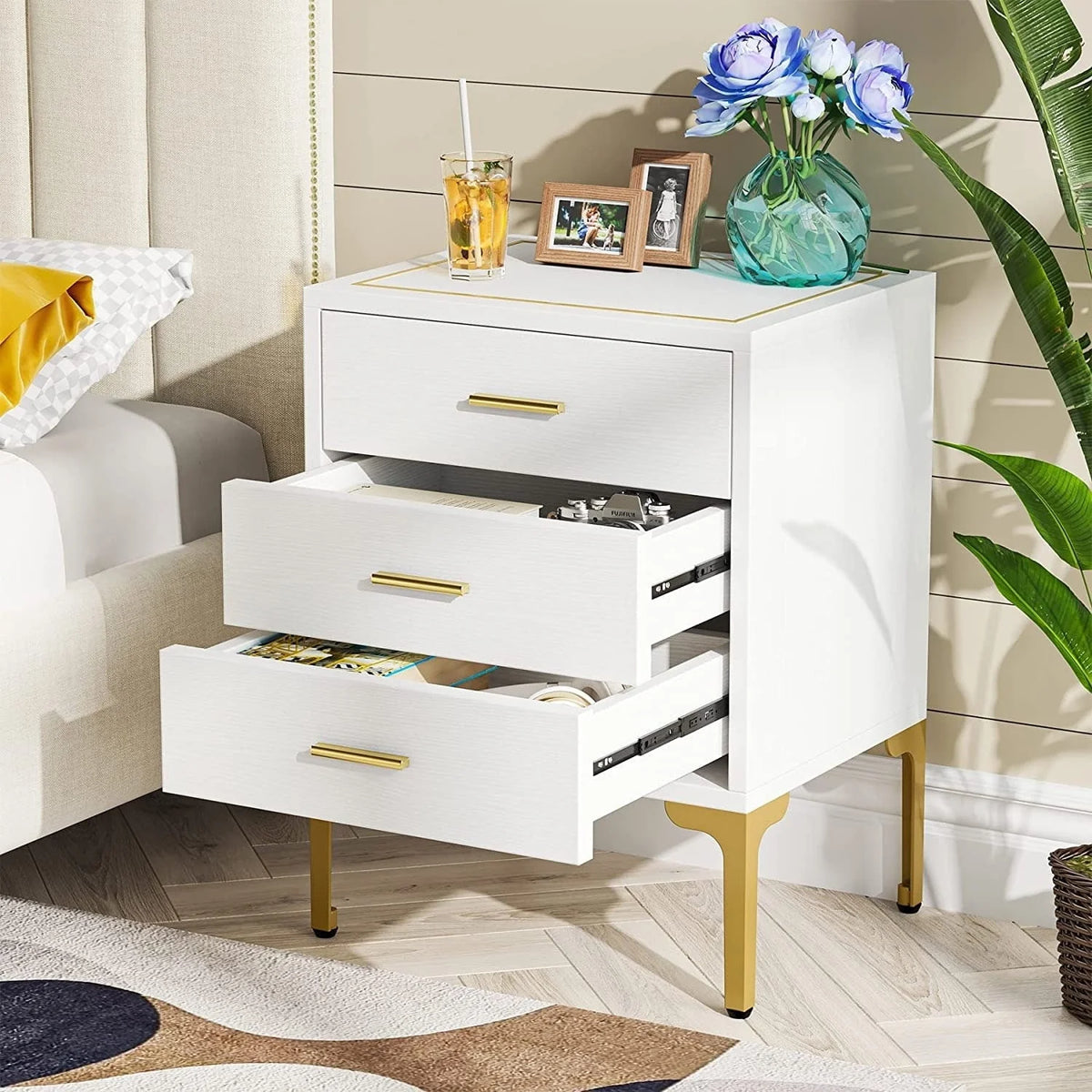 White Gold Nightstand, Modern 3 Drawers Bed Side Table for Bedroom 2 Pcs
