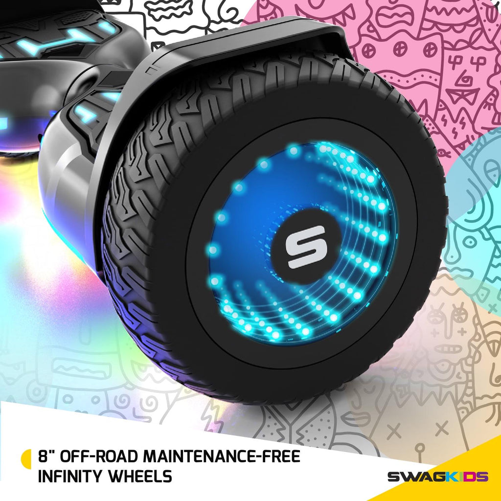 Swagtron Warrior XL Off-Road Hoverboard. 250 lb Weight Limit. Music-Synced Bluetooth LED Lights. 8 Inch Infinity Wheels. 8 Mph. LiFePo Battery UL-Compliant