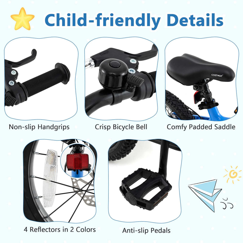 Costway 16 Inch Children Bicycle with Training Wheels & Double Disc Brakes Adjustable Seat Magnesium Alloy Blue