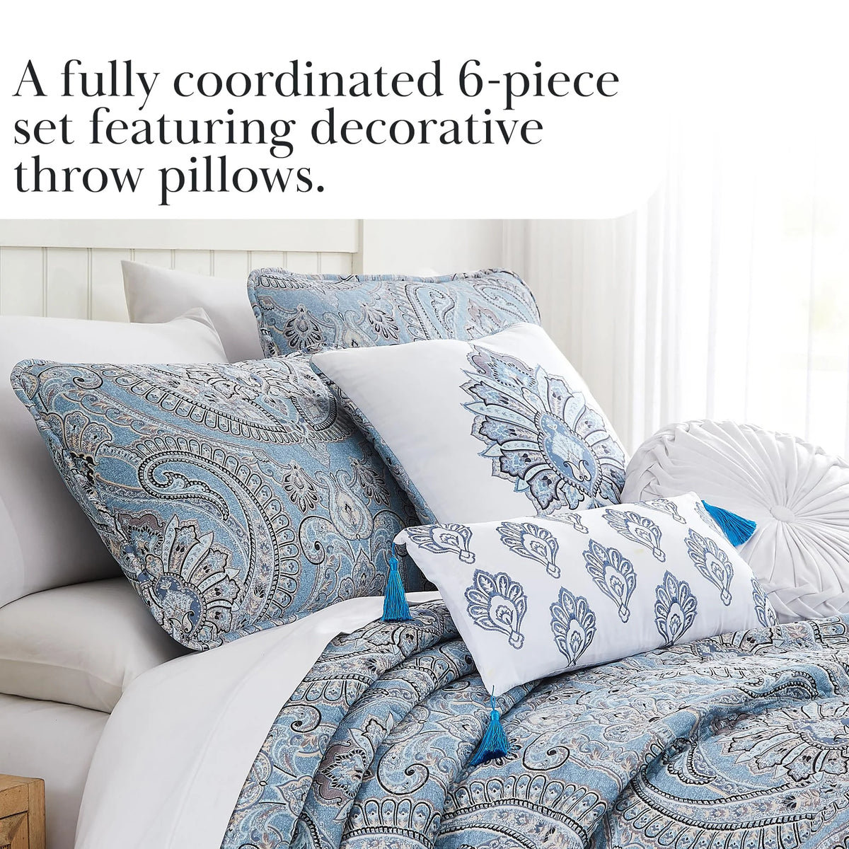 Southshore Fine LinensOversized 5-Piece Twin / Twin XL Quilt Bedding Set with two matching shams and three decorative throw pillows, oversized Paisley farmhouse bedspread Pure Melody Aqua