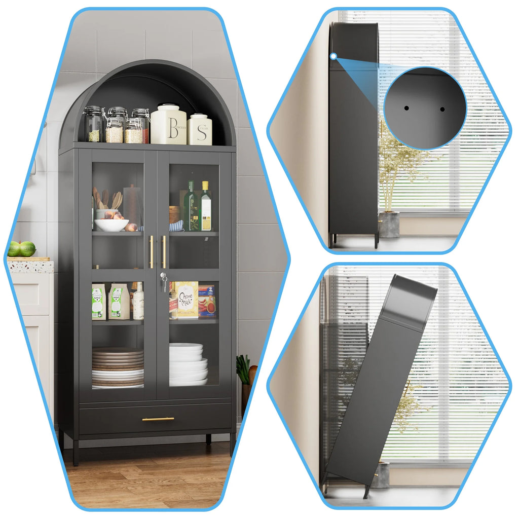 SUPEER Metal Arched Storage Display Cabinet with Glass Doors and Adjustable Shelves, Lockable Cabinet, Assembly Required, Black