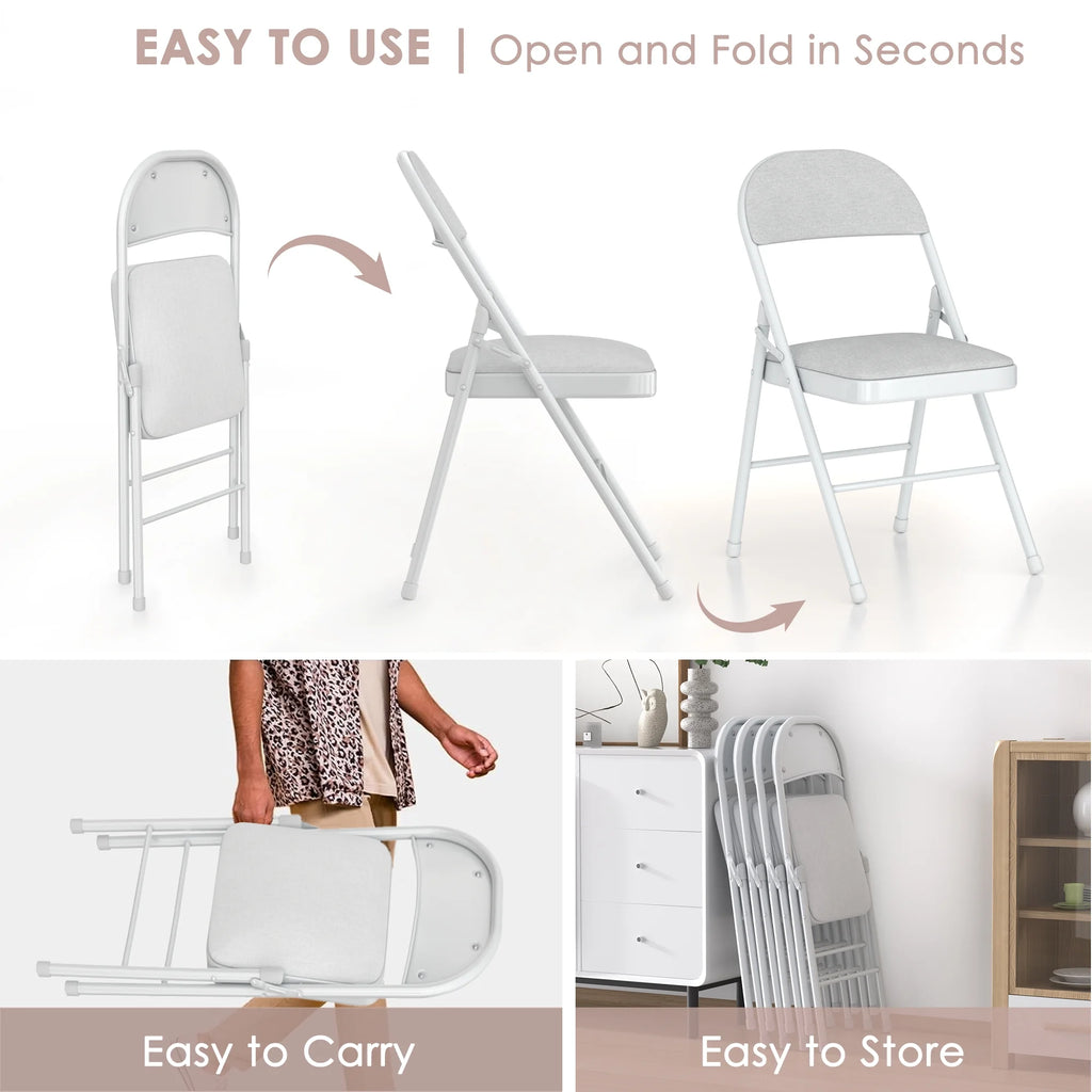 VECELO Set of 4 Folding Chairs, Fabric Dining Chair Set with Padded Cushion and Back, Indoor Outdoor Upholstered Seat with Metal Frame for Home Office Events Wedding Party, Orange