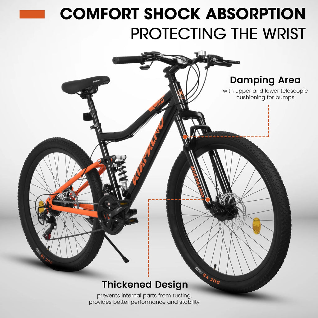 26" Steel Frame Mountain Bike, 21-Speed Unisex Bicycle with Dual Shock Absorbers, Black & Orange