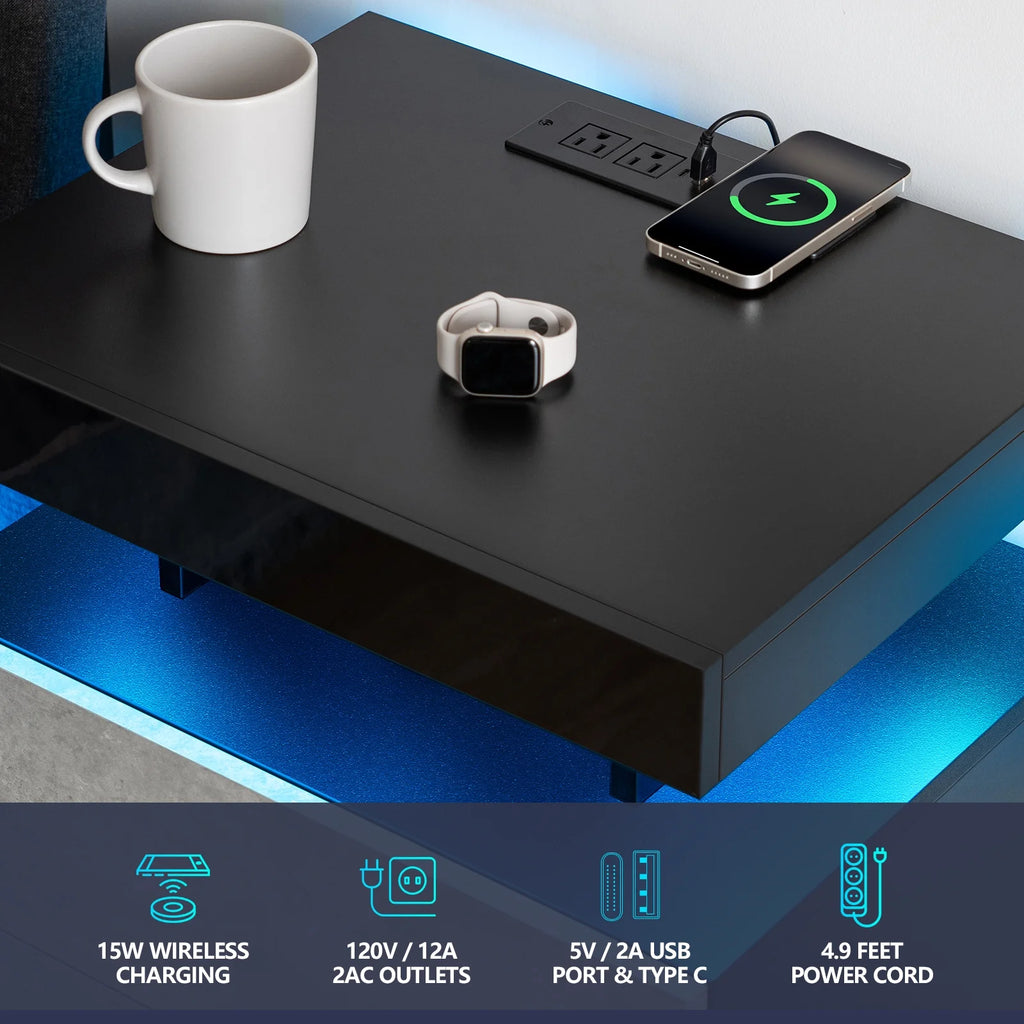 Hommpa LED Nightstand with Wireless Charging Station Modern Nightstand Type C USB Port 2 Drawers Bedside Table Black Smart Night Table High Gloss End Side Table for Bedroom Furniture 22.3" Tall