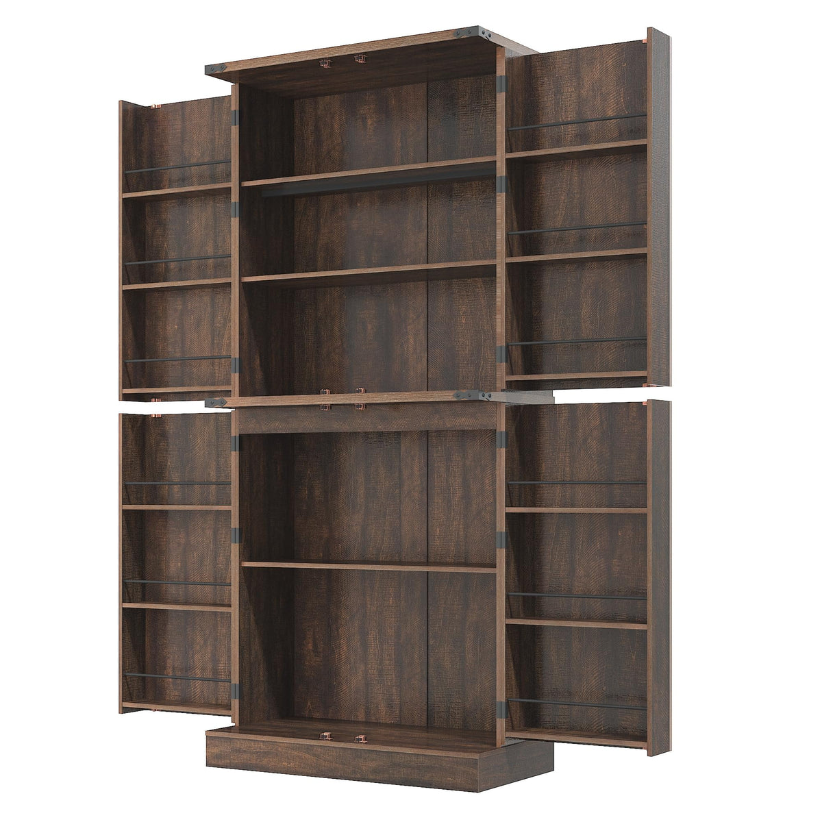 71" Tall Farmhouse Kitchen Pantry with 12 Side Shelves & Adjustable Shelves, 5 Layers Pantry Storage Cabinet w/Load-Bearing Steel Pipe & 4 Barn Doors for Kitchen, Dining Room, Living Room, Brown