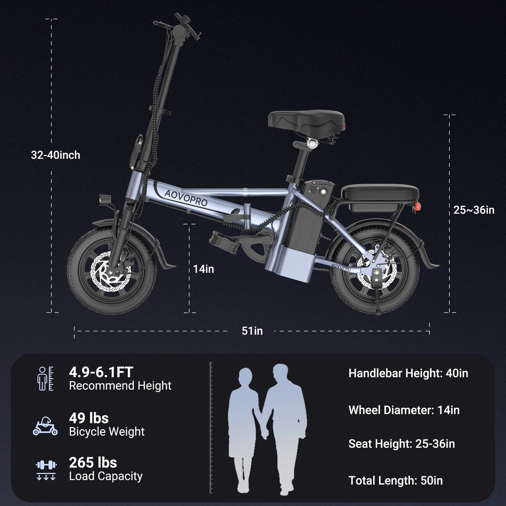AOVOPRO EB60 Electric Bike 500W 48V, 14' Mini Ebike for City Commuter, Folding Electric Bicycle for Adult with Two Seats UL2849