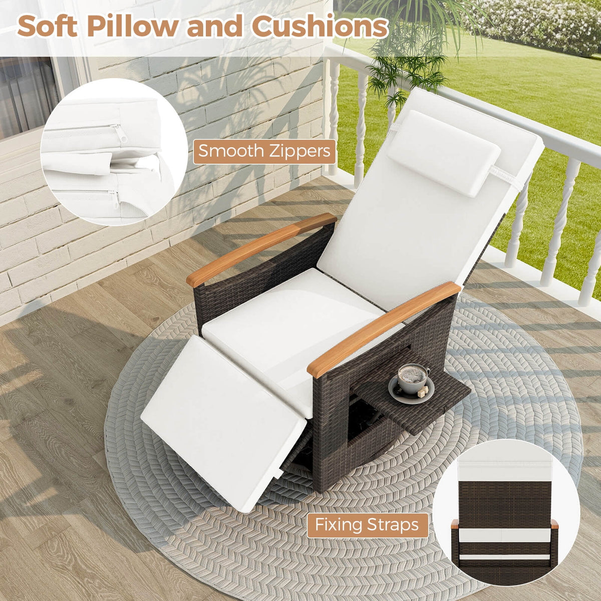 Costway Outdoor 360�� Swivel Rattan Recliner Chair Patio Wicker Chaise Lounge Chair Beige